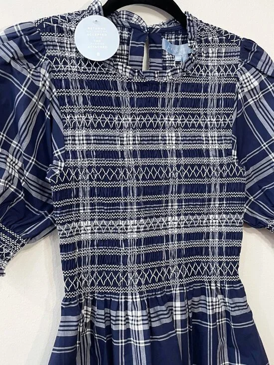 New Hill House Vivi 100% Cotton Plaid Mini Nap Dress Blue White XXS - Picture 5 of 9